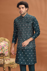 Teal Green Silk Jacket Kurta Pajama Set with Embroidery